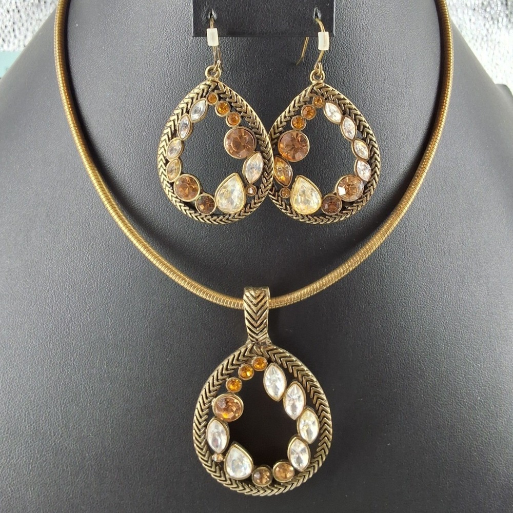 Premier Designs Antiqued Gold Amber Crystal Omega Necklace Earring Set‎